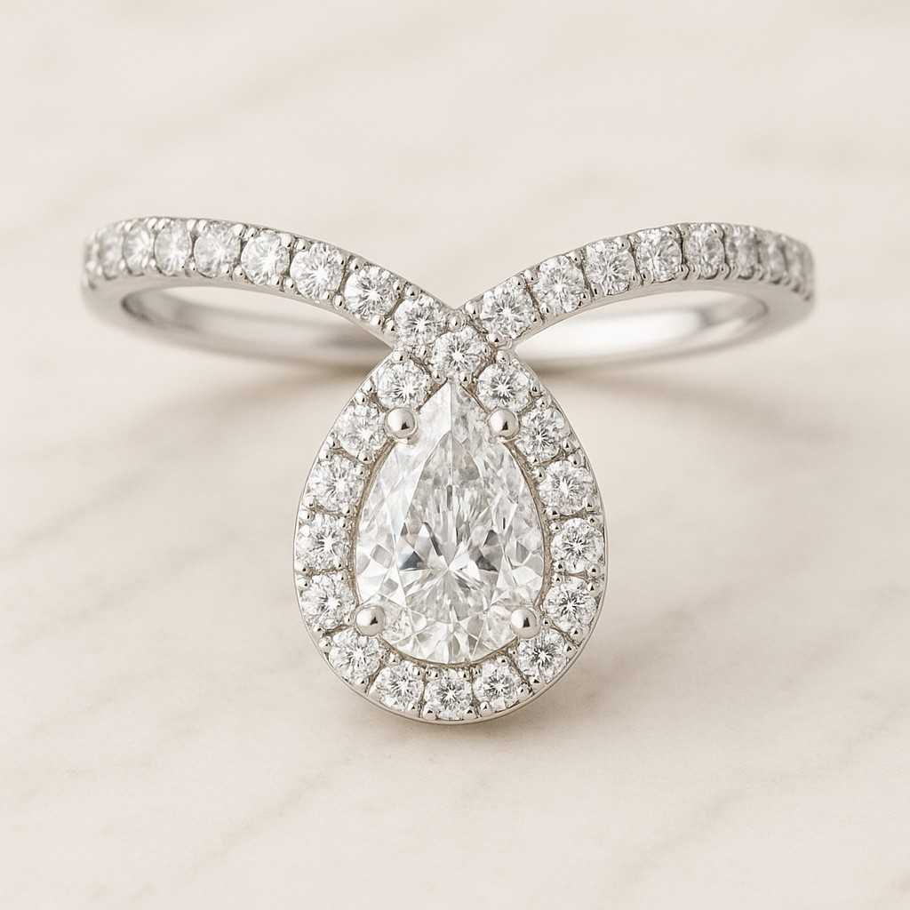 Pear Cut Double Halo Engagement Ring Champagne Pear with Round cut Double Halo Bridal Silver Ring