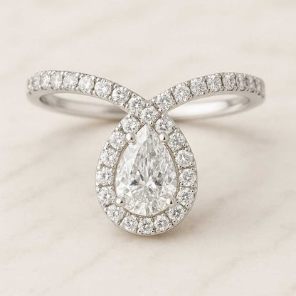 Pear Cut Double Halo Engagement Ring Champagne Pear with Round cut Double Halo Bridal Silver Ring