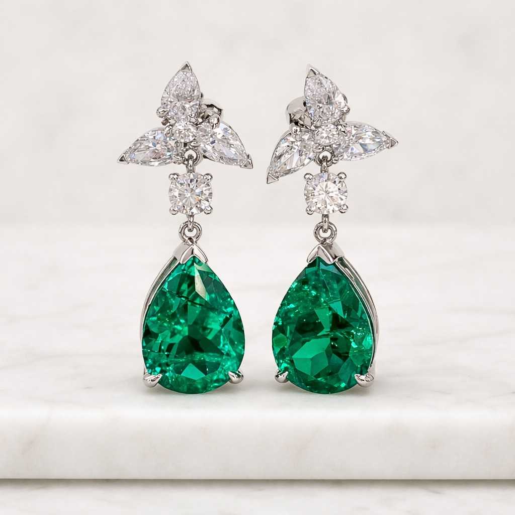 Pear Cut Emerald Drop Earrings 14K Yellow Gold Teardrop Earrings Moissanite Wedding Earrings Minimalist Dangle Earring Brithday Gift for Her

