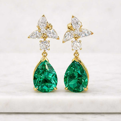 Pear Cut Emerald Drop Earrings 14K Yellow Gold Teardrop Earrings Moissanite Wedding Earrings Minimalist Dangle Earring Brithday Gift for Her
