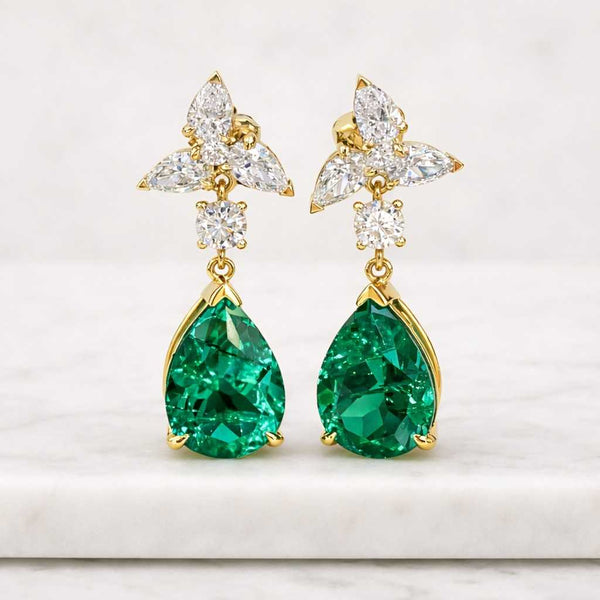 Pear Cut Emerald Drop Earrings 14K Yellow Gold Teardrop Earrings Moissanite Wedding Earrings Minimalist Dangle Earring Brithday Gift for Her
