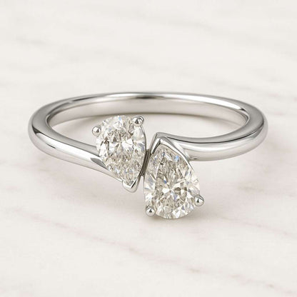 Pear Cut Engagement Ring Pear Side Stone Two Stone Toi et Moi Ring 14K Gold Pear Diamond Bypass Ring