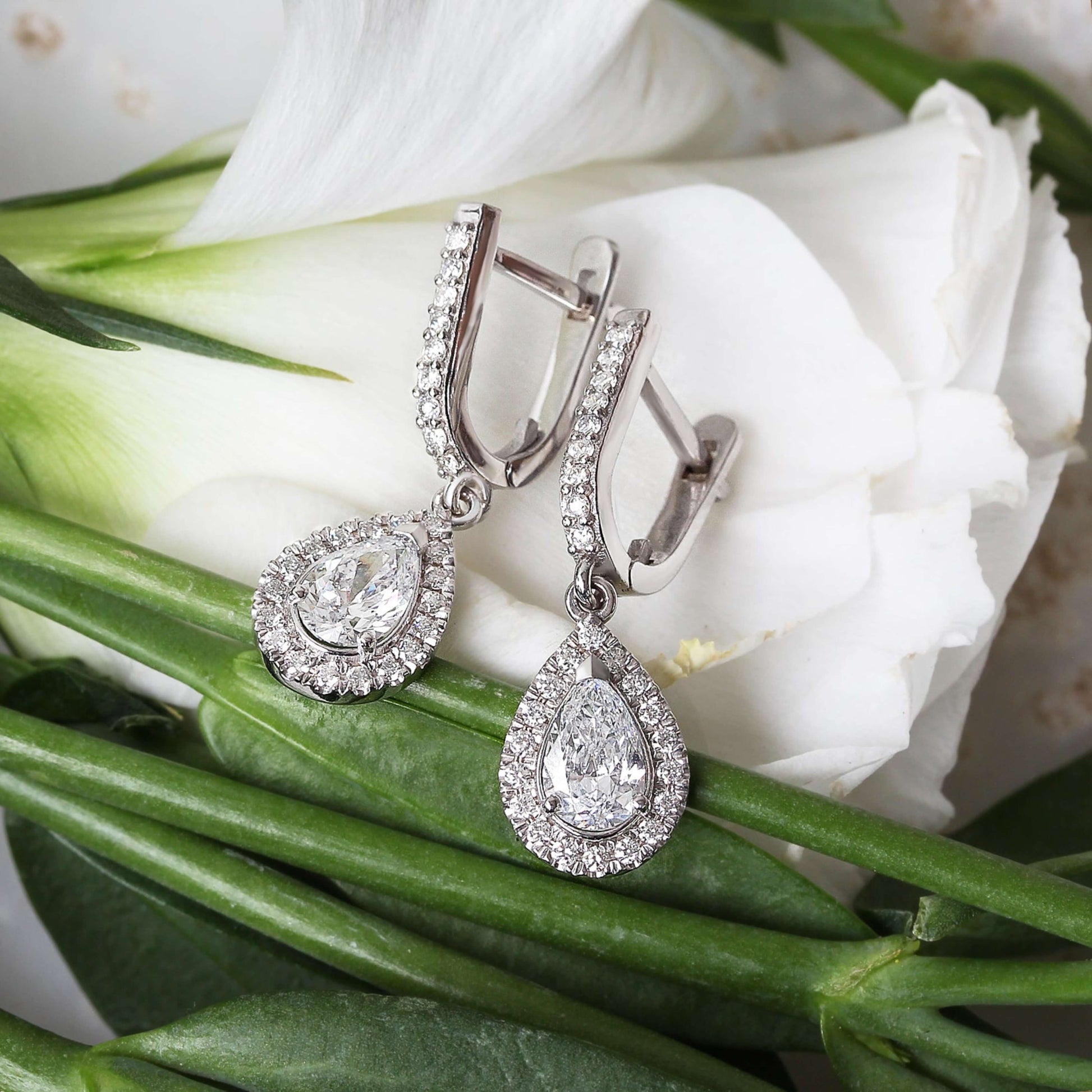 Pear Cut Halo Moissanite Drops Earring, Pear Cut Earring , Moissanite Pear Cut Halo Earring