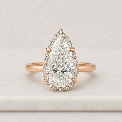 Pear Cut Hidden Halo Engagement Ring, Tapered Band Cathedral Solitaire, 18K Yellow Gold, IGI Certified, D-F Color VVS-VS1, Handmade New York