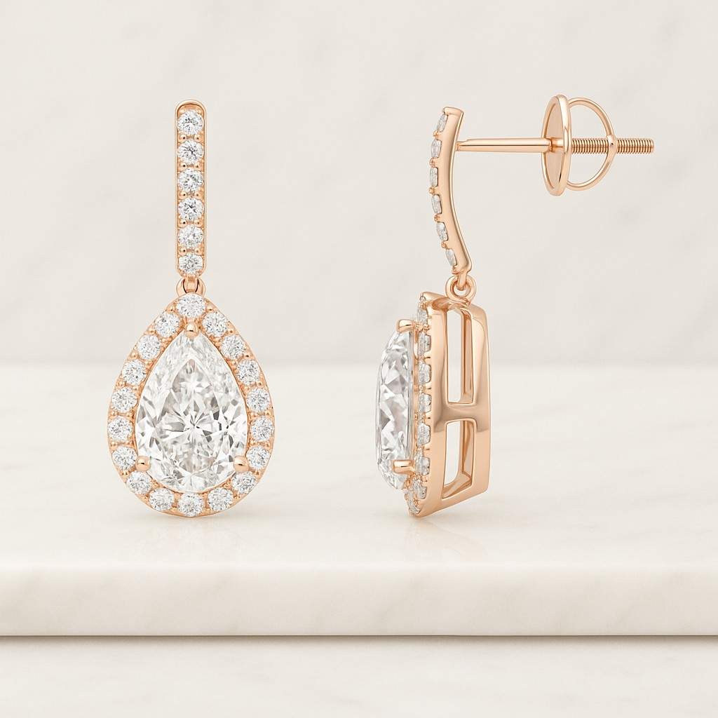 Pear Cut Lab Diamond Dangle Drop Halo Earrings Pear Cut White Diamond Dangle Earrings