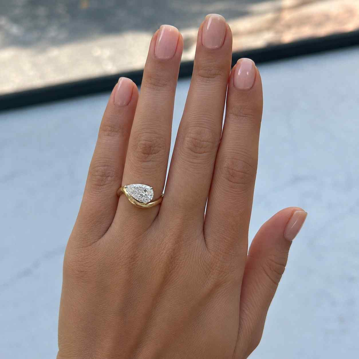 pear cut lab diamond east west engagement ring, curved wave band, 14k gold solitaire bridal jewelry