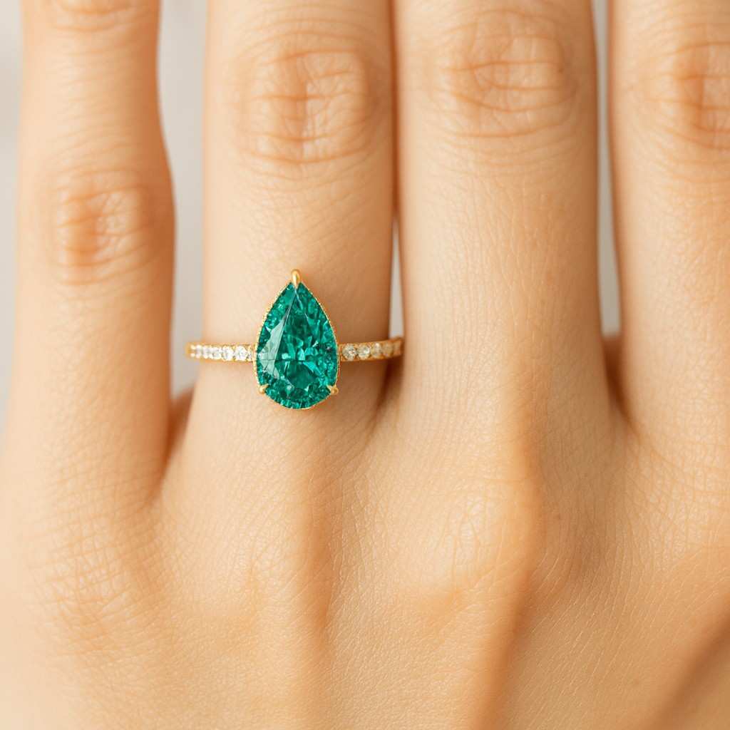 Pear Cut Lab Diamond Engagement Ring 14k Solid Yellow Gold Promise Ring Green Pear Cut Diamond Ring Pear Solitaire Anniversary Gift