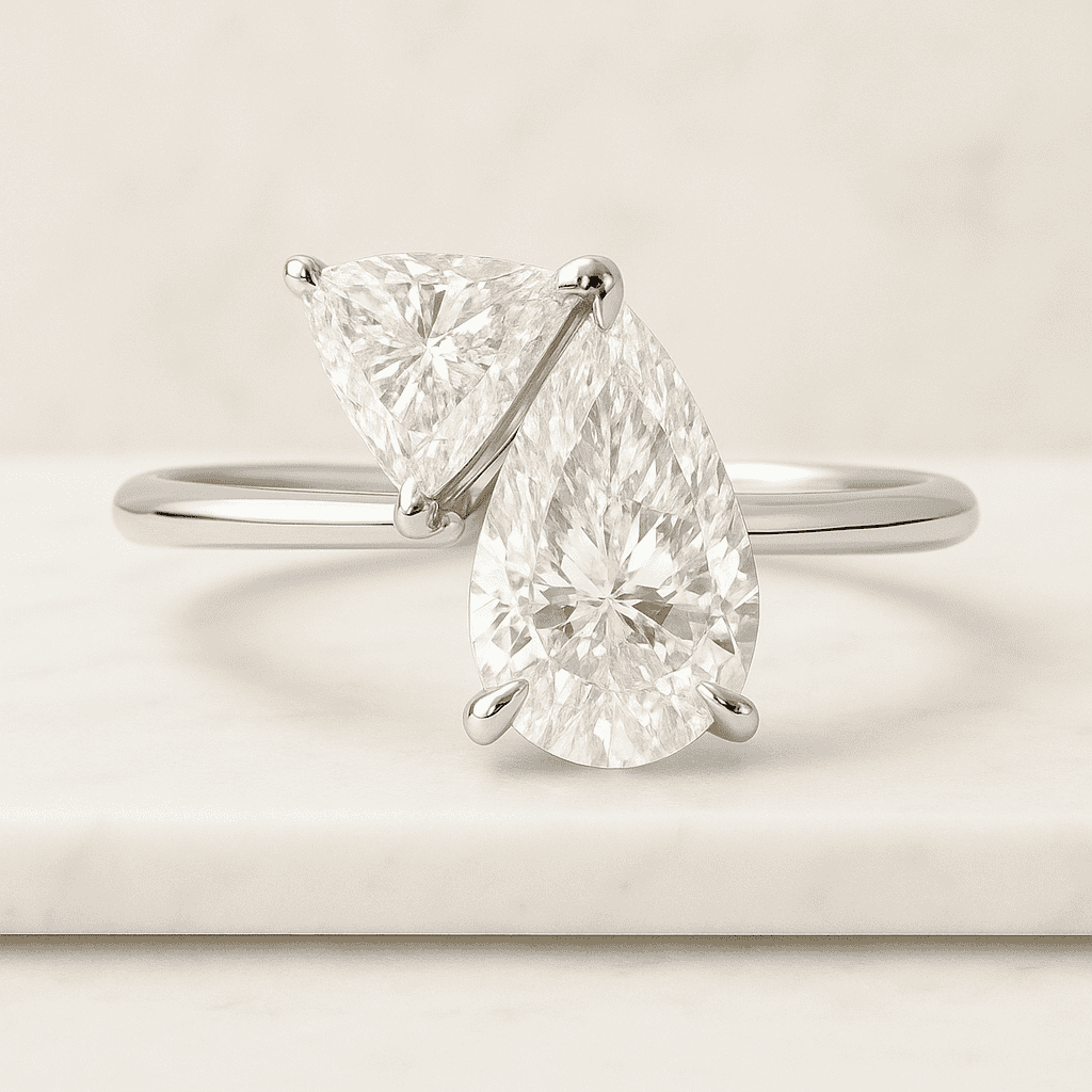 Pear Cut Lab Diamond Engagement Ring, Pave Diamond Band, Dainty Diamond Curved Ring