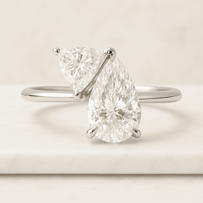 Pear Cut Lab Diamond Engagement Ring, Pave Diamond Band, Dainty Diamond Curved Ring