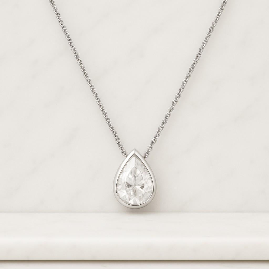 Pear Cut Lab Diamond Pendant 18K White Gold Bezel Necklace