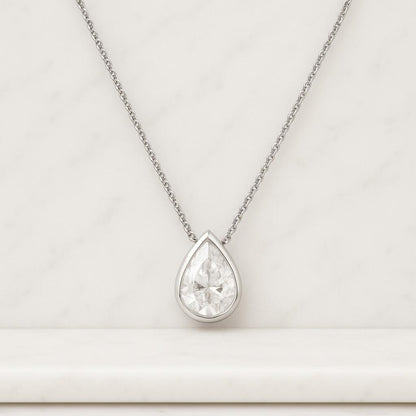 Pear Cut Lab Diamond Pendant 18K White Gold Bezel Necklace