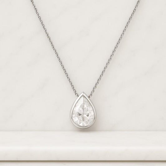 Pear Cut Lab Diamond Pendant 18K White Gold Bezel Necklace