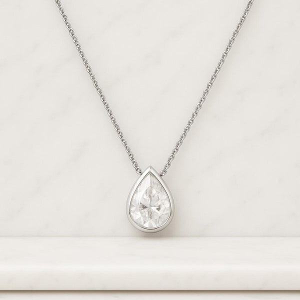 Pear Cut Lab Diamond Pendant 18K White Gold Bezel Necklace
