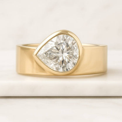 Pear Cut Lab Grown Diamond Bezel Set Engagement Ring 14K Gold Split Shank Solitaire Ring