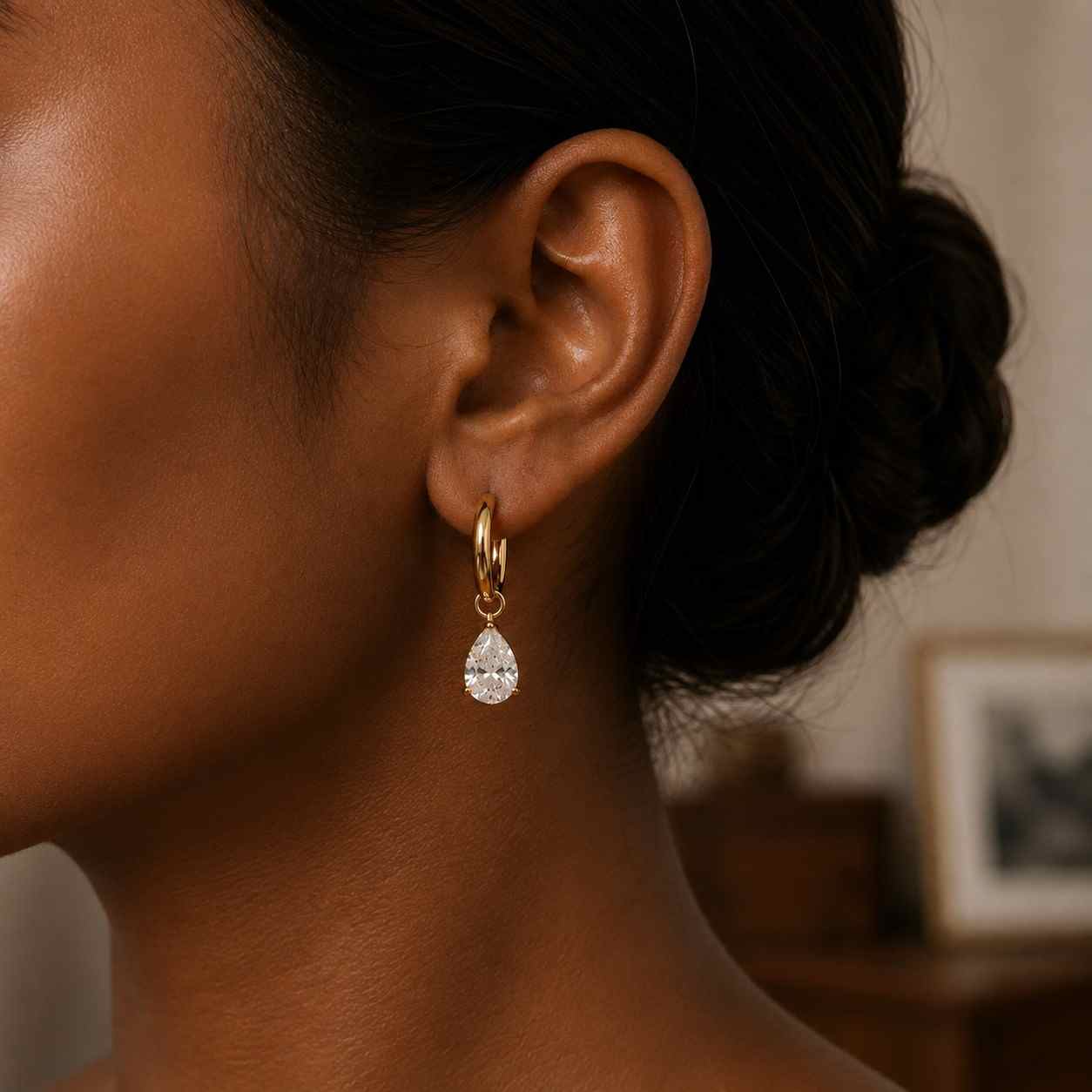 pear cut lab grown diamond drop earrings 14k solid gold bezel set hoop earrings dainty drop dangle earrings everyday wear gift for women
