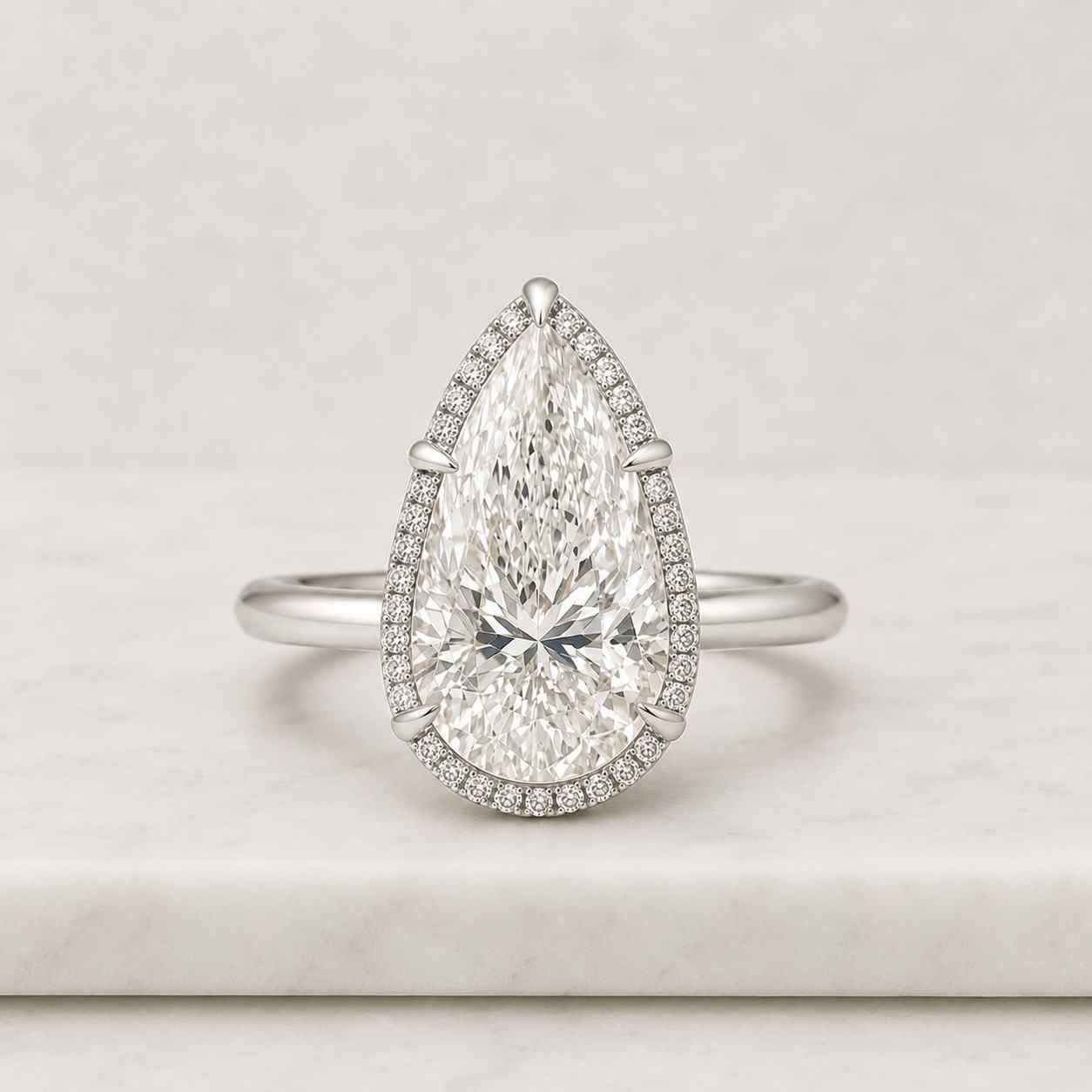 pear cut lab grown diamond engagement ring, hidden halo solitaire ring, anniversary gift for her, handmade thin band yellow gold ring