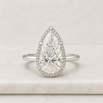 Pear Cut Lab Grown Diamond Engagement Ring, Hidden Halo Solitaire Ring, Anniversary Gift for Her, Handmade Thin Band Yellow Gold Ring
