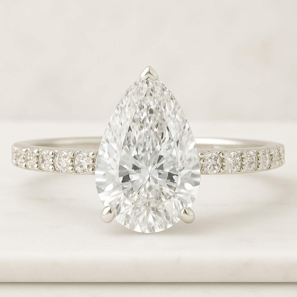 pear cut lab grown diamond engagement ring pave half eternity band