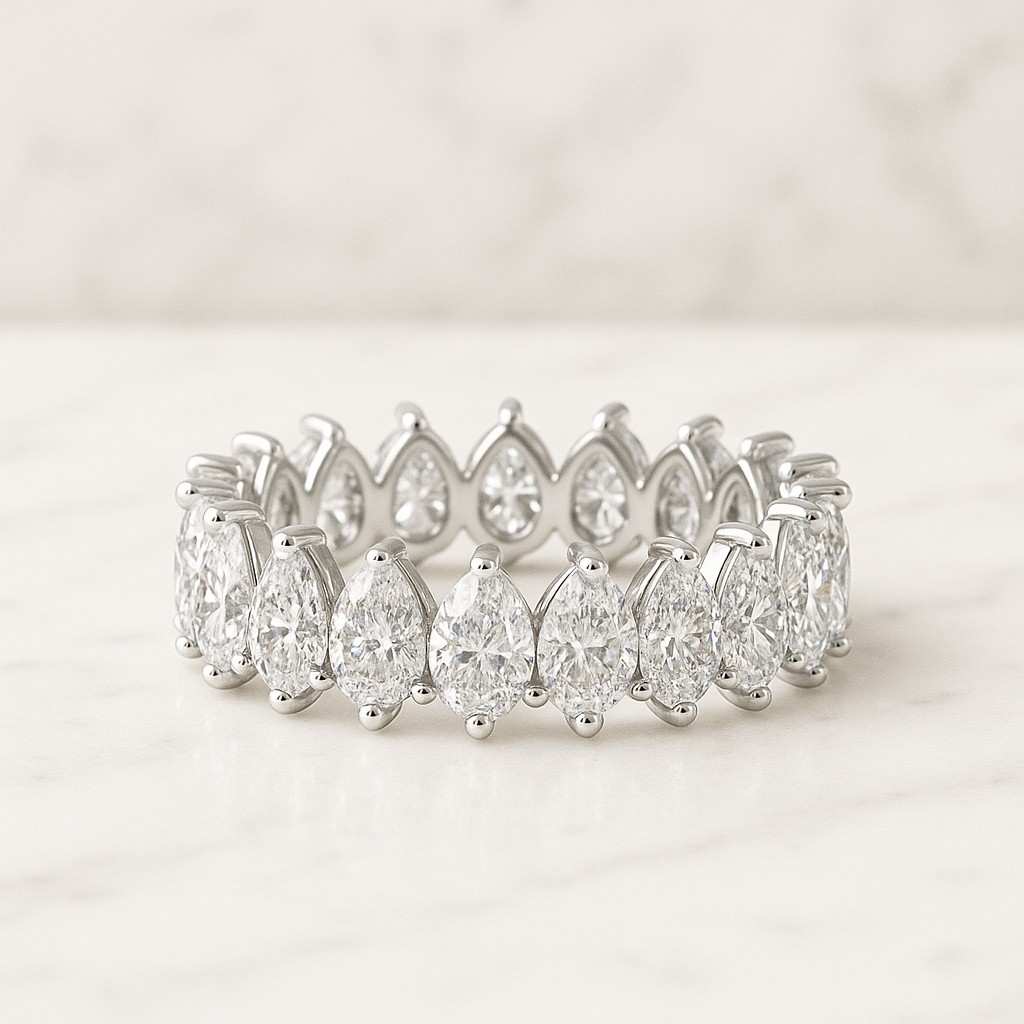 pear cut lab grown diamond full eternity band, 14k yellow gold cvd diamond stacking band