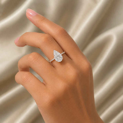 Pear Cut Lab Grown Diamond Hidden Halo Engagement Ring, 14K Yellow Gold, IGI Certified, D-F Color VVS-VS1, Thin Band, Handmade New York
