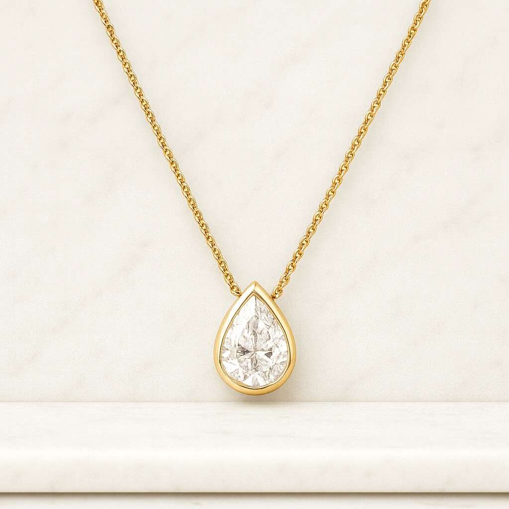 Pear Cut Lab Grown Diamond Pendant 14K White Gold Bezel Necklace