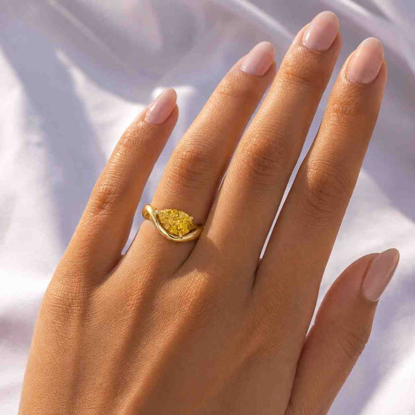 14K Gold Pear Cut Lab Grown Diamond Ring, Wave Wedding Band