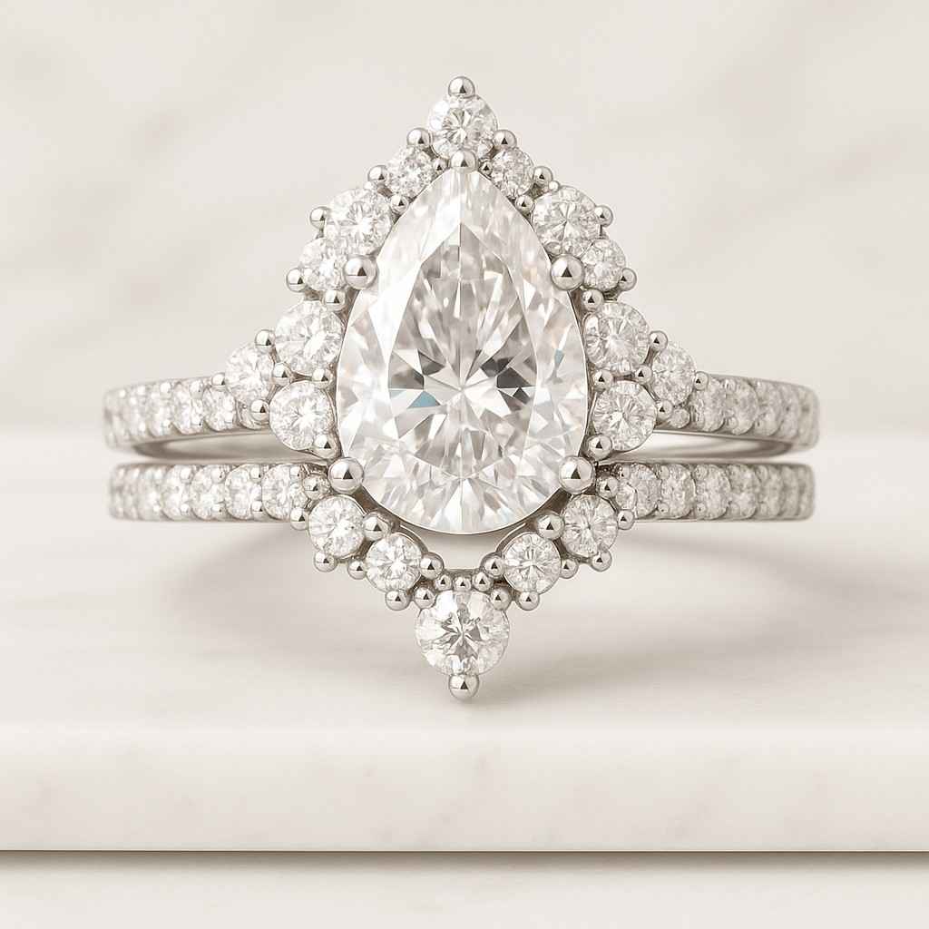 Pear Cut Lab Grown Diamond Solitaire Accent Ring Round Cut CVD Diamond Engagement Ring