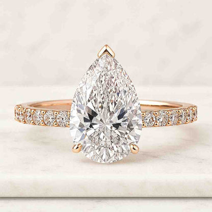 Pear Cut Lab Grown Diamond Solitaire Accent Ring, Round Cut CVD Diamond Engagement Ring, Pave Setting Half Eternity Ring 