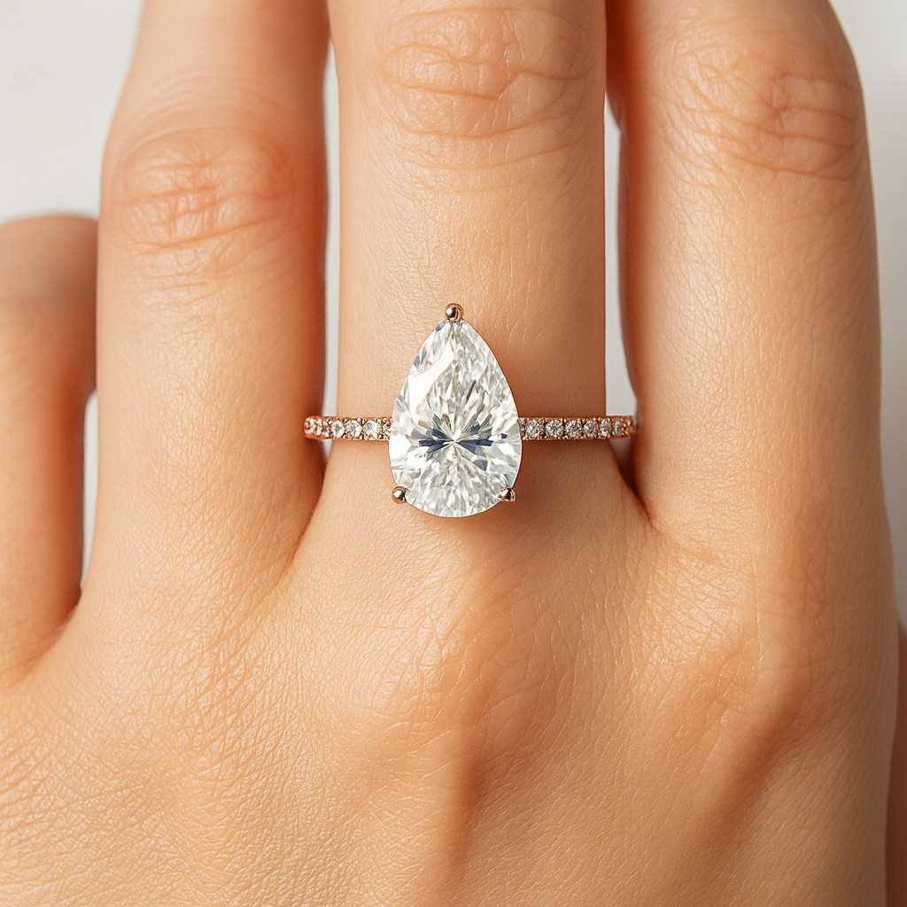 Pear Cut Lab Grown Diamond Solitaire Accent Ring Round Cut CVD Diamond Engagement Ring Pave Setting Half Eternity Ring For Wedding