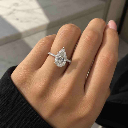 Pear Cut Lab Grown Diamond with Side Pave Diamonds & Hidden Halo Engagement Ring  Gift for Her