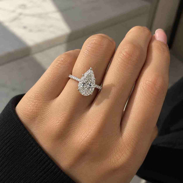 Pear Cut Lab Grown Diamond with Side Pave Diamonds & Hidden Halo Engagement Ring  Gift for Her