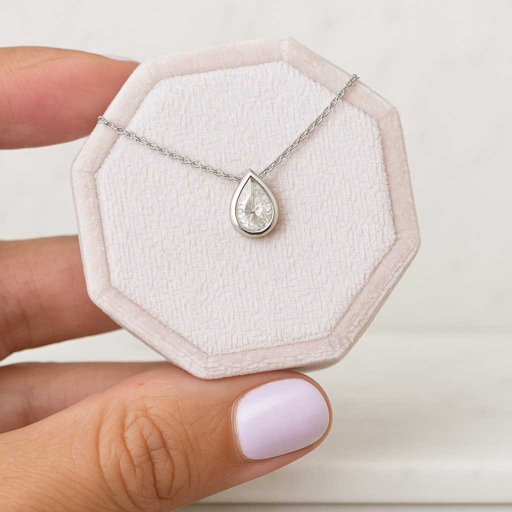 Pear Cut Moissanite Pendant 925 Silver Gold Bezel Set Teardrop Charm Floral Back Design