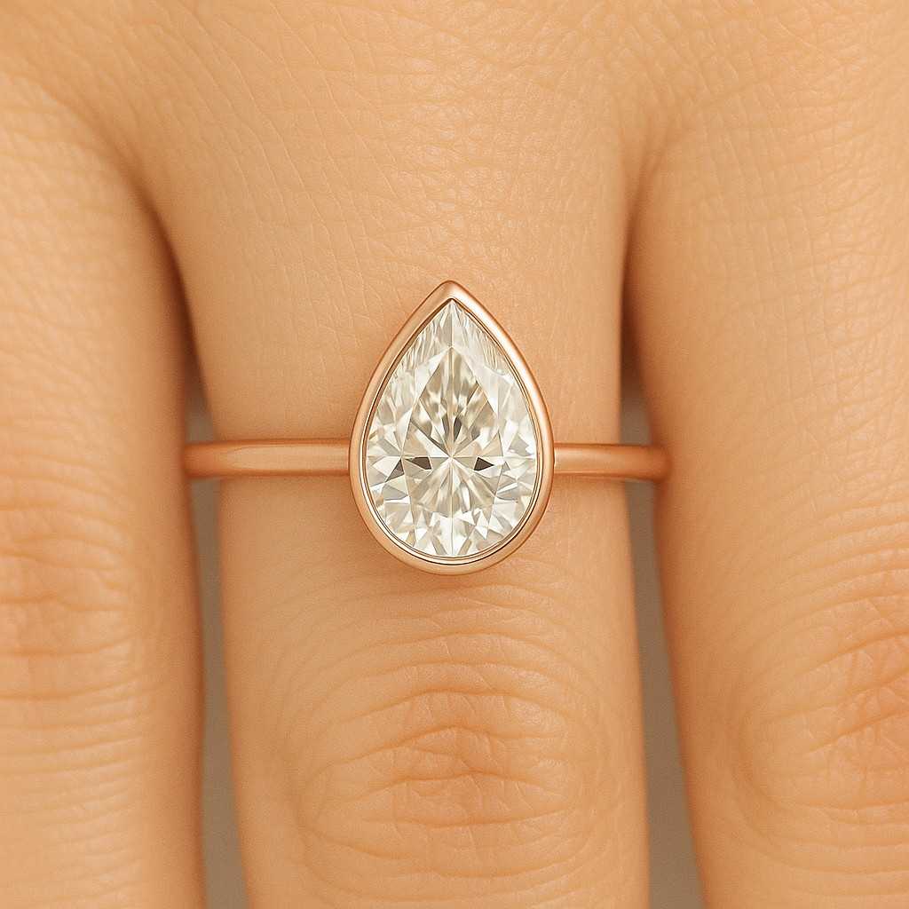 Pear Cut Natural Diamond Bezel Set Ring Pear Diamond Wedding Ring 14K Gold Bridal Ring