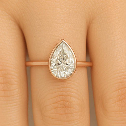 Pear Cut Natural Diamond Bezel Set Ring Pear Diamond Wedding Ring 14K Gold Bridal Ring