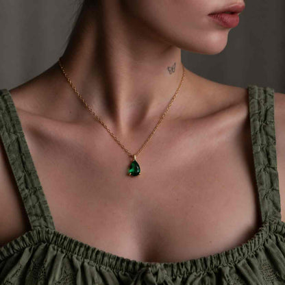 Pear Cut Natural Emerald Diamond Pendant - 14k Solid Gold May Birthstone Pendant
