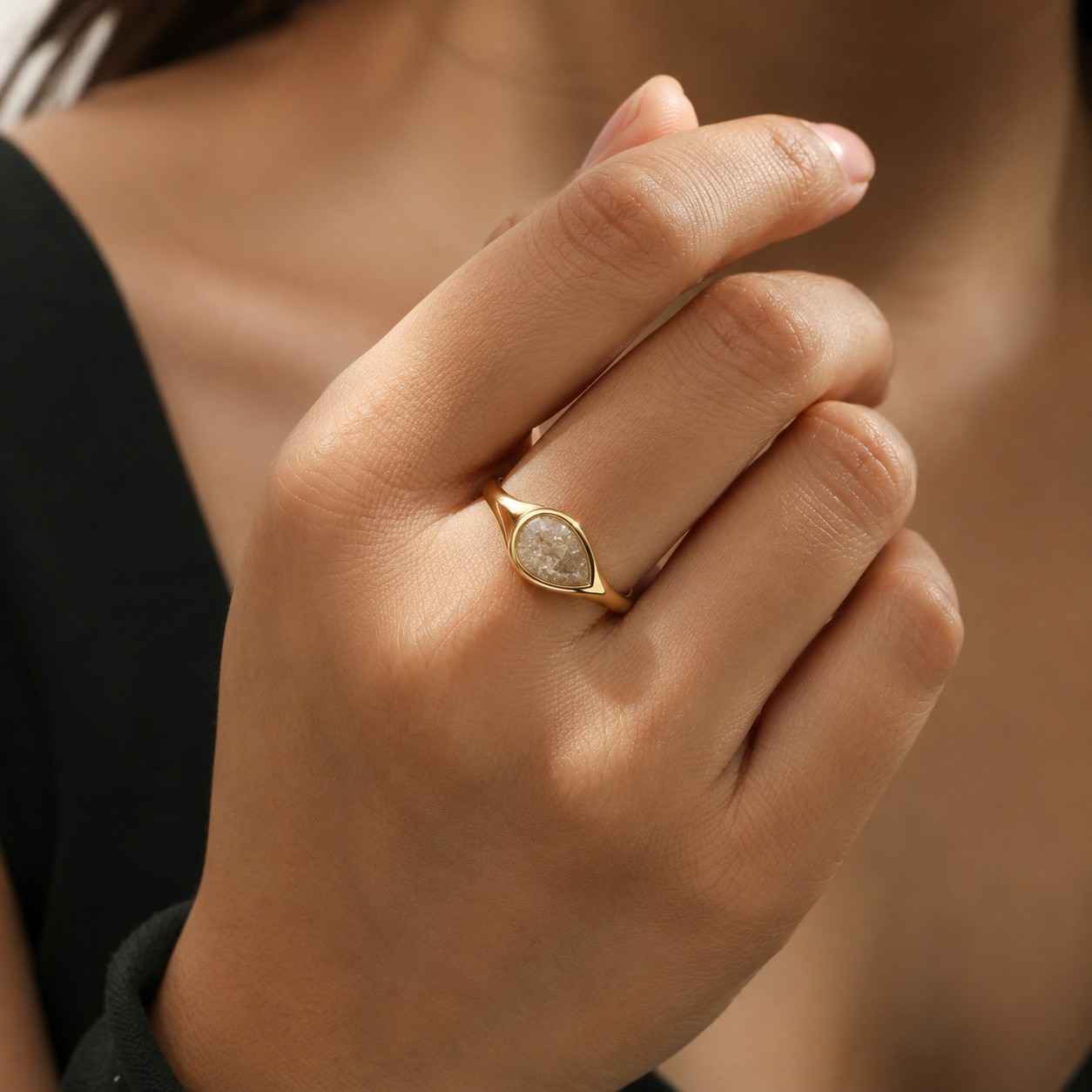 pear cut salt and pepper moissanite ring, 14k gold art deco ring, black diamond ring, anniversary gift, vintage ring for women