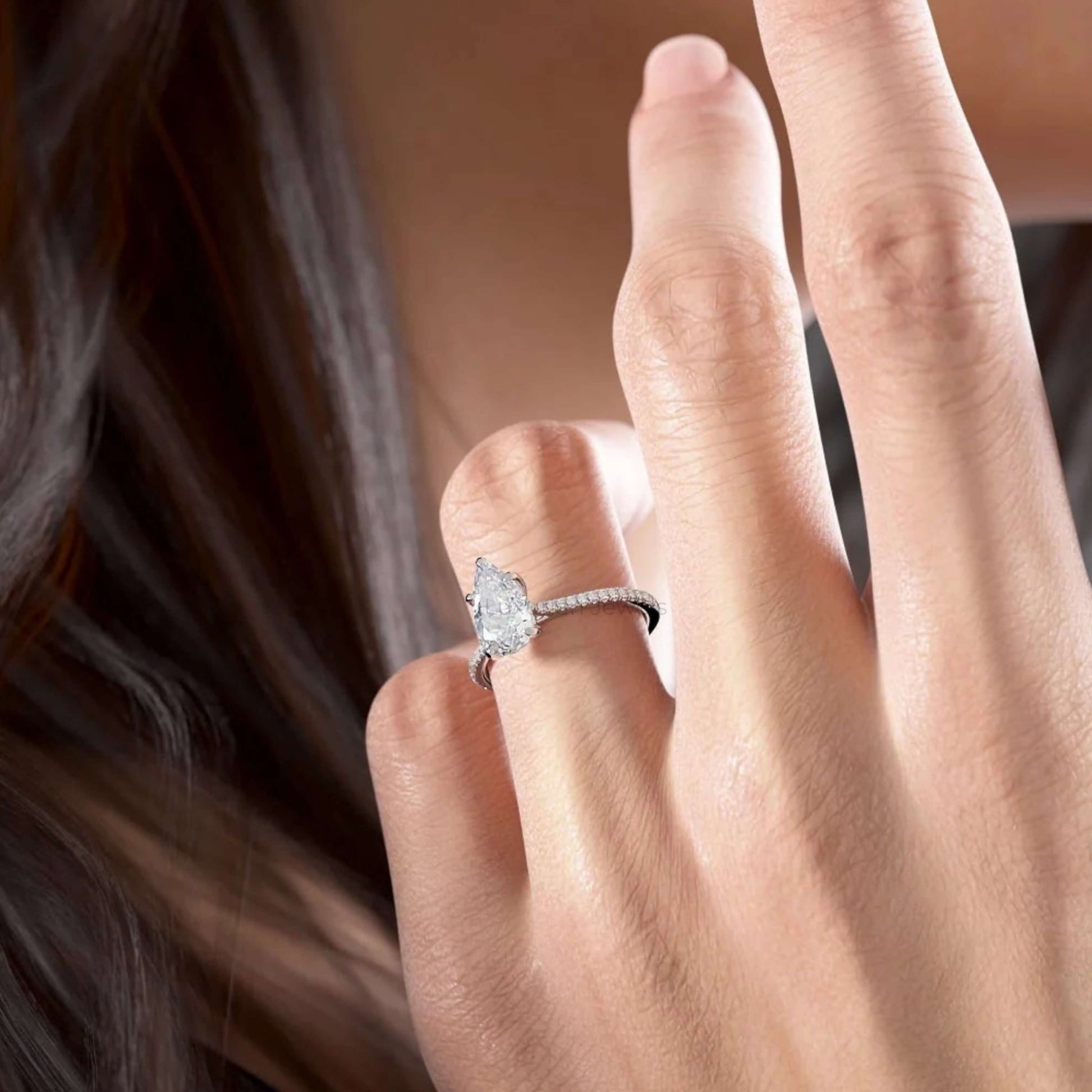 Pear Cut Solitaire Accent Ring, Prong Set Diamond Ring