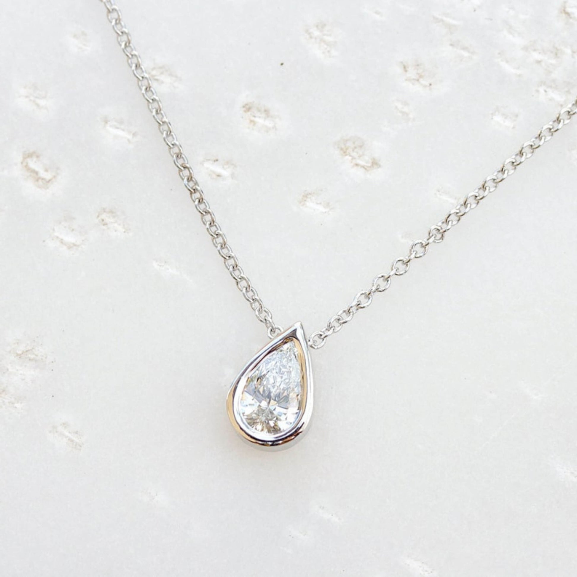Pear Diamond Bezel Set 14K White Gold Necklace