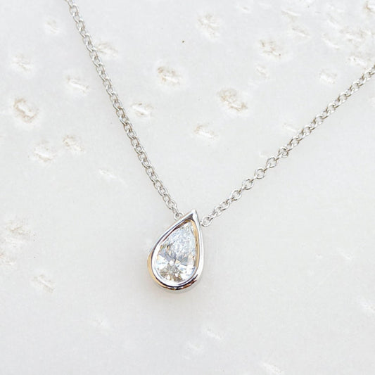 Pear Diamond Bezel Set 14K White Gold Necklace