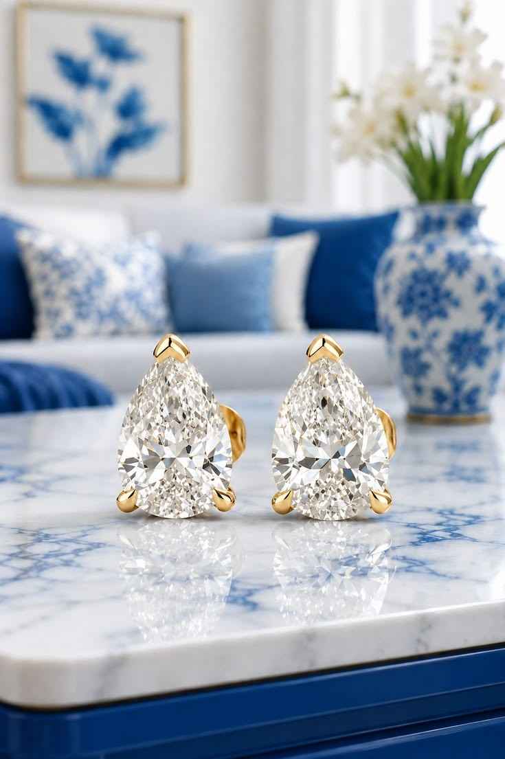 pear diamond earring, lab grown diamond stud earring, 1ct solitaire earring, 14k gold earring, gold stud earring, earring for women, gift
