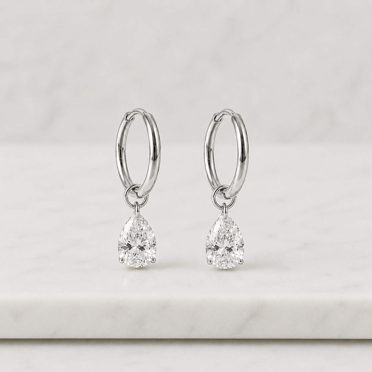 pear diamond huggie earrings, lab grown diamond drop hoops, moissanite silver, 9k 14k 18k solid gold, dangle diamond earrings gift
