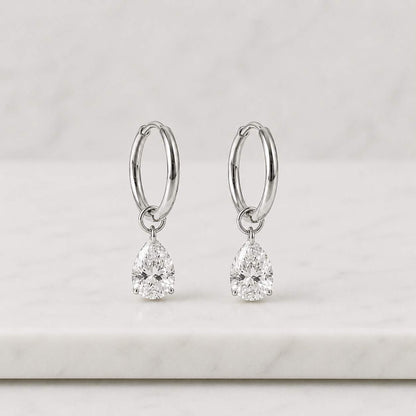 Pear Diamond Huggie Earrings, Lab Grown Diamond Drop Hoops, Moissanite Silver, 9K 14K 18K Solid Gold, Dangle Diamond Earrings Gift
