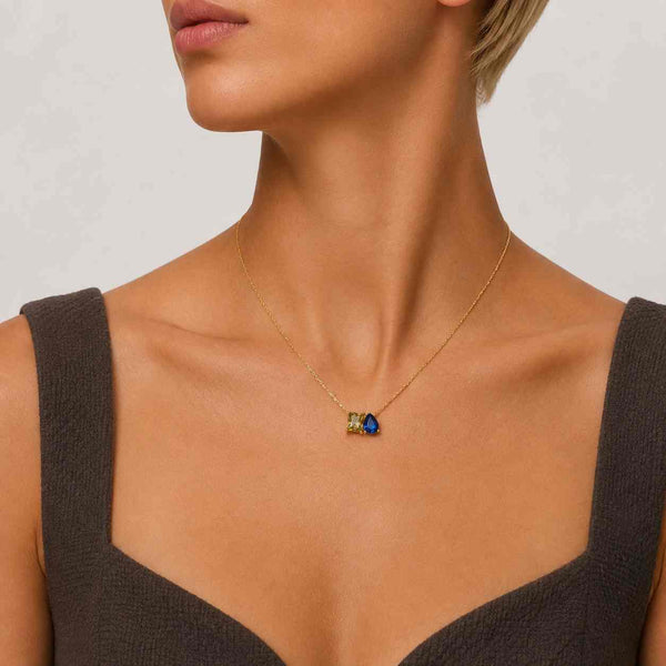 Pear & Emerald Toi et Moi Pendant | Dual Stone Necklace | 14K Gold Chain Set | Minimal Fine Jewelry Gift | Dainty Diamond Necklace
