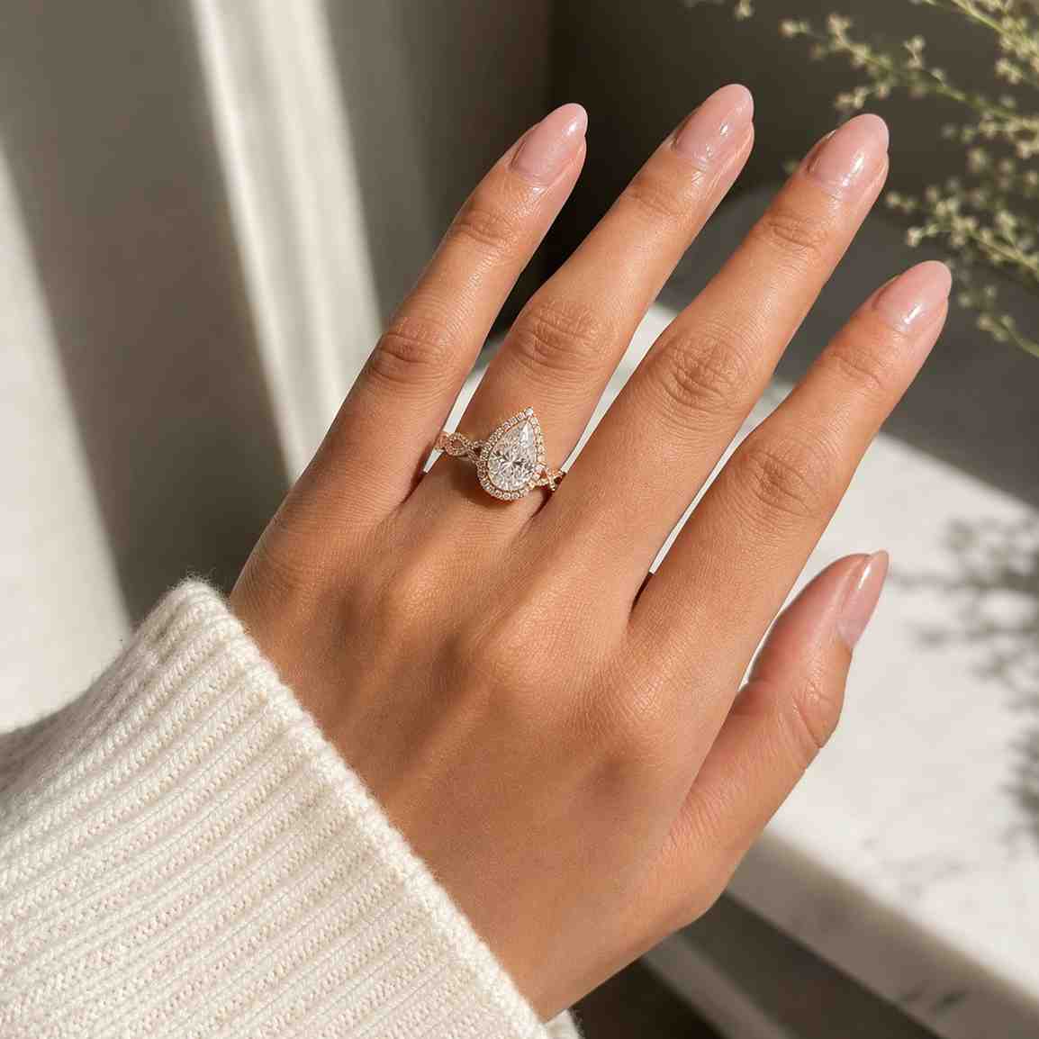 Pear Lab Grown Diamond Engagement Ring, Diamond Halo Ring, 14K Yellow Gold Cathedral Setting, Handmade Custom Jewelry, Luxury Gift for Her