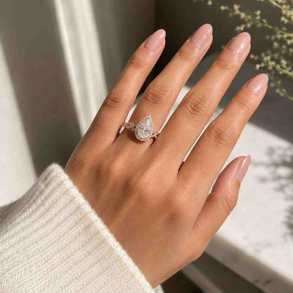 Pear Lab Grown Diamond Engagement Ring, Diamond Halo Ring, 14K Yellow Gold Cathedral Setting, Handmade Custom Jewelry, Luxury Gift for Her