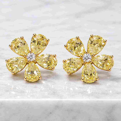 Pear Lab Grown Diamond Floral Stud Earrings IGI Certified Yellow Gold Flower Cluster Custom Handmade Bespoke Ethical Bridal Statement Luxury
