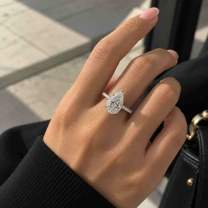 Pear Lab Grown Diamond Ring Pear Shaped Halo Engagement Ring Genuine Lab Grown Diamond Anniversary Gift 

