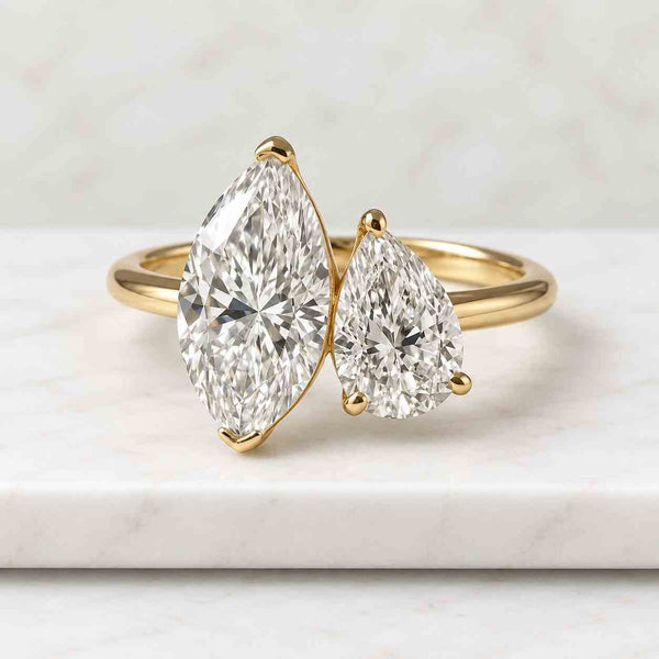 Two Stone Lab Diamond Ring Pear and Marquise Cut Moissanite Diamond toi et moi ring for women solid gold and silver anniversary gift for her