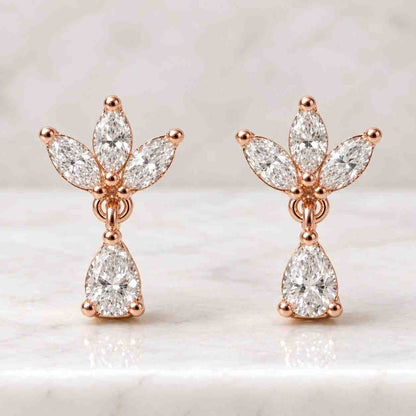 Pear & Marquise Cut Lab Grown Diamond Stud Earrings, Prong Set Flower Style Earrings, 18K White Gold Push Back Earrings, Daily Wear Earrings
