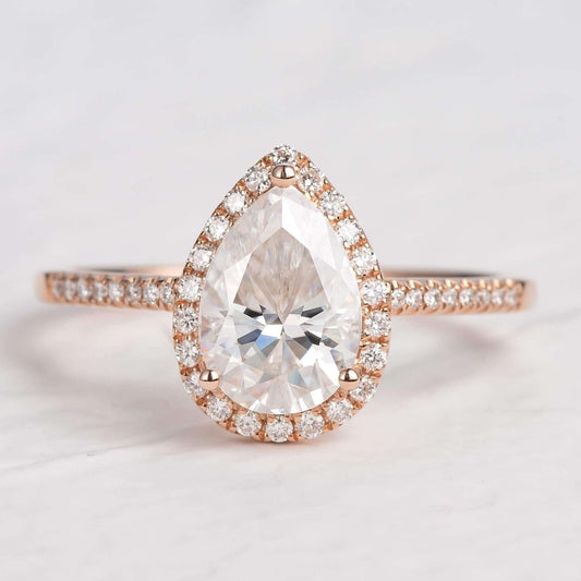 Pear Moissanite Engagement Ring Halo With Accent Wedding Bridal Ring